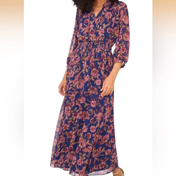 Vince Camuto Womens 3/4 Puff Sleeve Tie Neck Maxi Dress Floral Size L - Picture 10 of 10